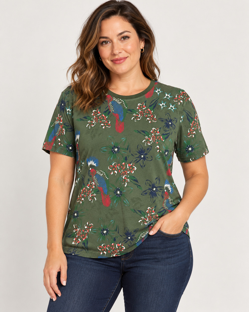 Ted Baker London Womens Size 4 Olive Bird Floral Print Cotton T Shirt